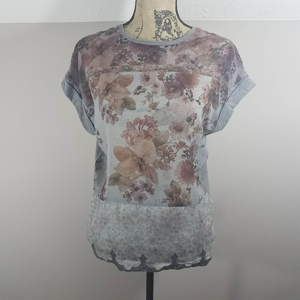 Zara Gray Floral Sheer Overlay & Lace Detail Top S